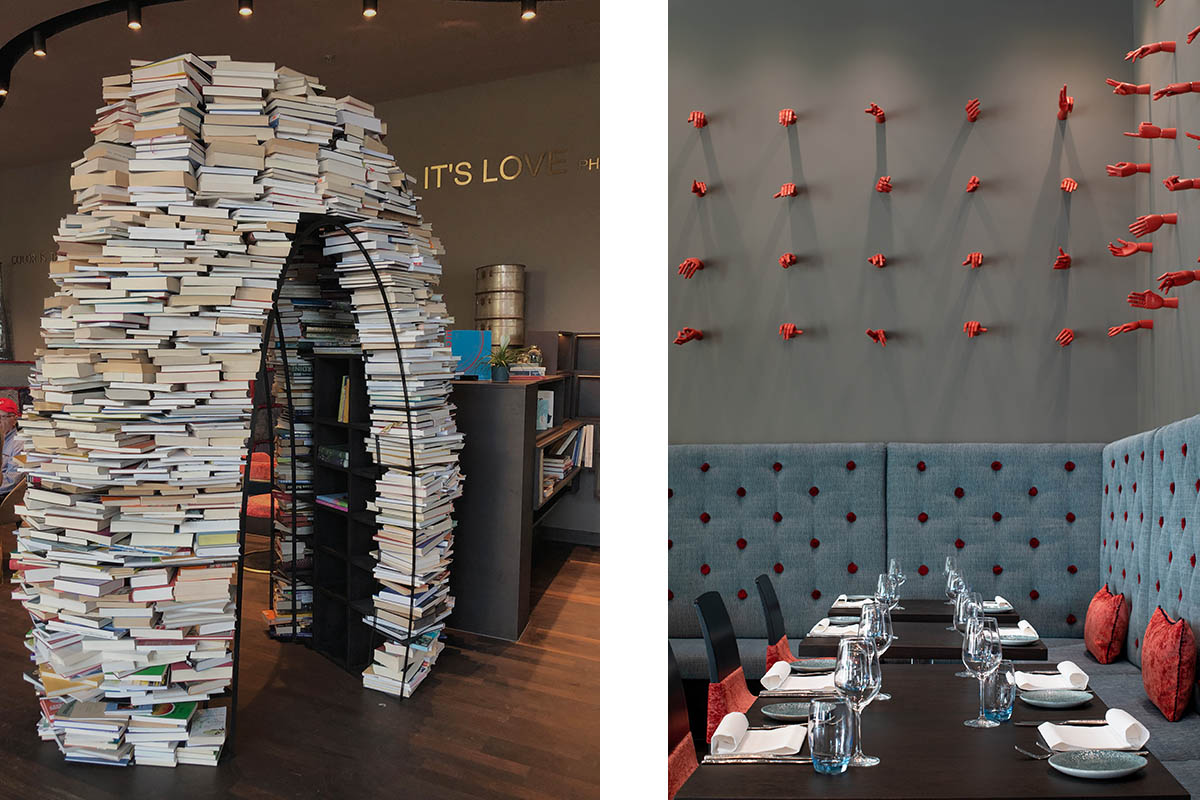 Links: Hotel Renaissance Zürich: BücherEi – ‚Instagramable Storytelling’. Die klassische Bibliothek neu interpretiert und inszeniert. Rechts: Hotel Restaurant Zürich: Sitzecke im Restaurant. | Go Interiors: Telling a story: about the creation of singular designs, Discover Germany magazine