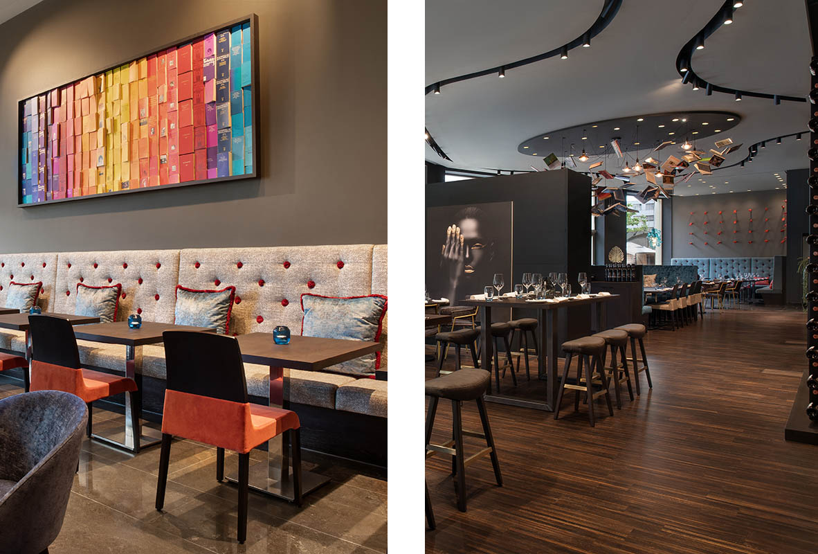 Hotel Restaurant Zurich: Book Art. <strong>Right:</strong> Hotel Restaurant Zurich: restaurant with ‘flying art books’. | Go Interiors: Telling a story: about the creation of singular designs, Discover Germany magazine