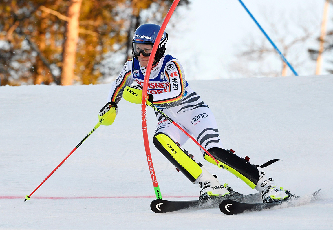 Lena Durr of Germany competes during the first run of an alpine ski, women's World Cup slalom, in Levi, Finland, Saturday, Nov. 17, 2018. (Markku Ulander/Lehtikuva via AP)
