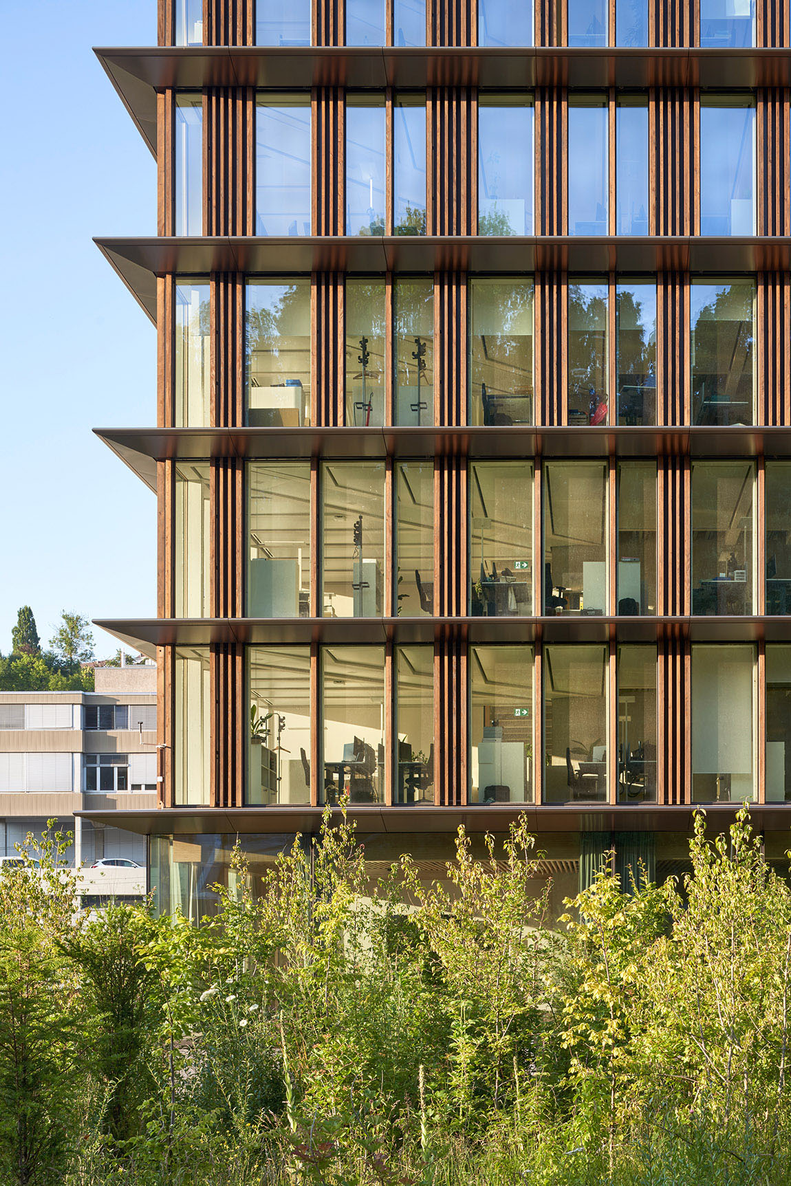Administration Building Ittingen: The ornamental wood structure of the ceilings is also visible from the outside. Photo: Hannes Henz | Berrel Kräutler Architekten: putting people front and centre