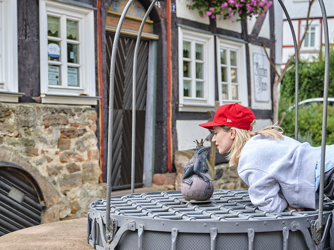 Fountain with frog figure and historical backdrop in Alsfeld. Photo: DZT/Florian Trykowski