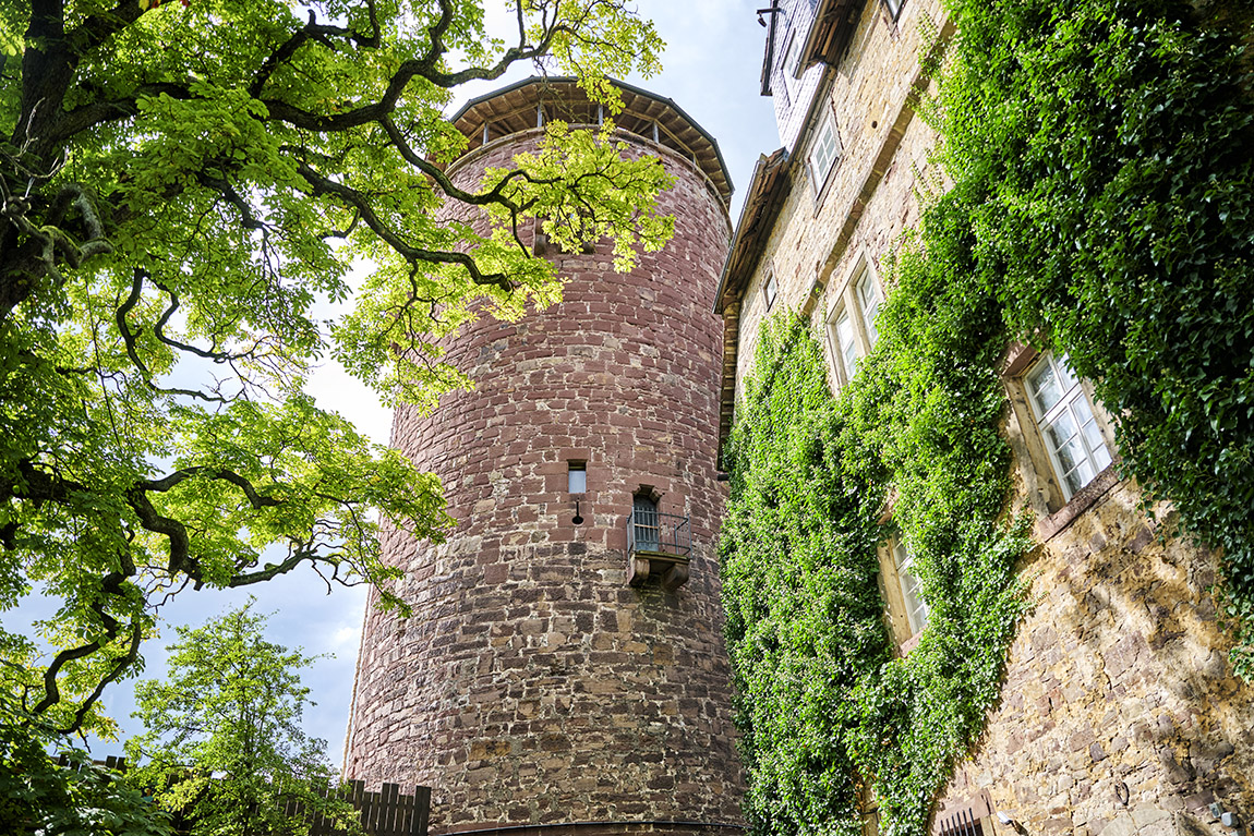 Castle tower and ivy-covered façade of Trendelburg Castle, which is associated with the Rapunzel fairy tale. The castle’s tall tower, known as the Rapunzel Tower, is said to be the tower in the story where Rapunzel let down her hair. Photo: DZT/Florian Trykowski | 50 Years of the German Fairytale Route