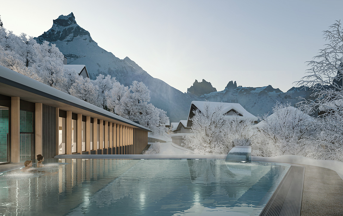 Sonnenberg Swimming Pool, Engelberg: Winter operation with warm water outdoor pool. Rendering: maaars | Berrel Kräutler Architekten: putting people front and centre