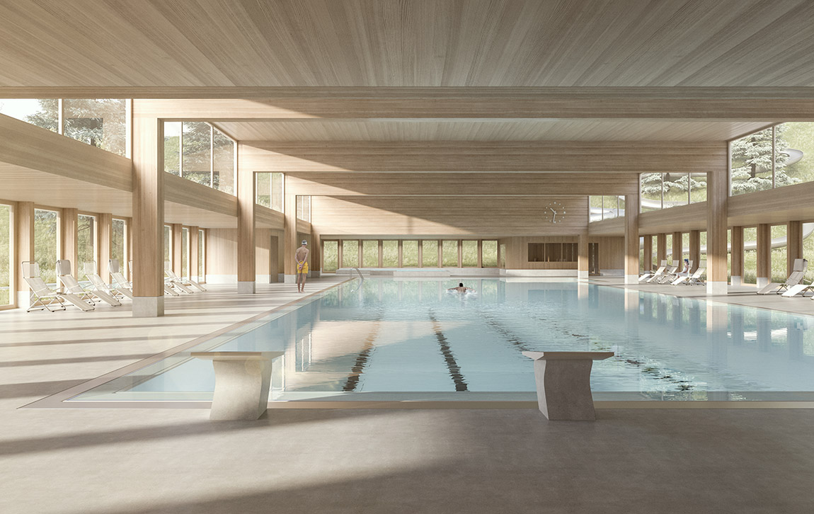 Sonnenberg Swimming Pool, Engelberg: Interior view. Rendering: maaars | Berrel Kräutler Architekten: putting people front and centre