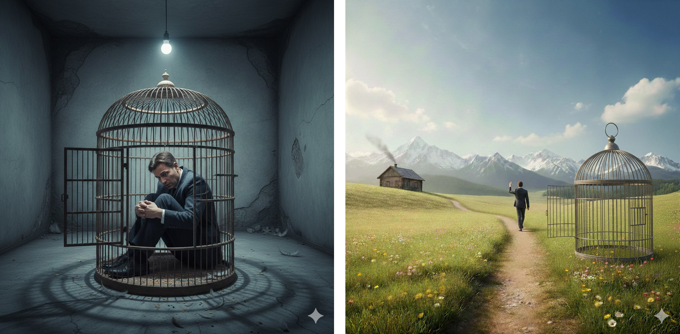 Left: This is how life sometimes feels – far too restrictive and without freedom of movement. The good news is that we often create these cages ourselves. Barriers and beliefs established in childhood as stopgap solutions block our view of the fact that the cage door is actually open. Visualisation: AI (Nano Banana). Right: One has freed himself from the cage in their head, leaving the old behind and able to decide for oneself where they want to stop and where perhaps not. Visualisation: AI (Nano Banana)