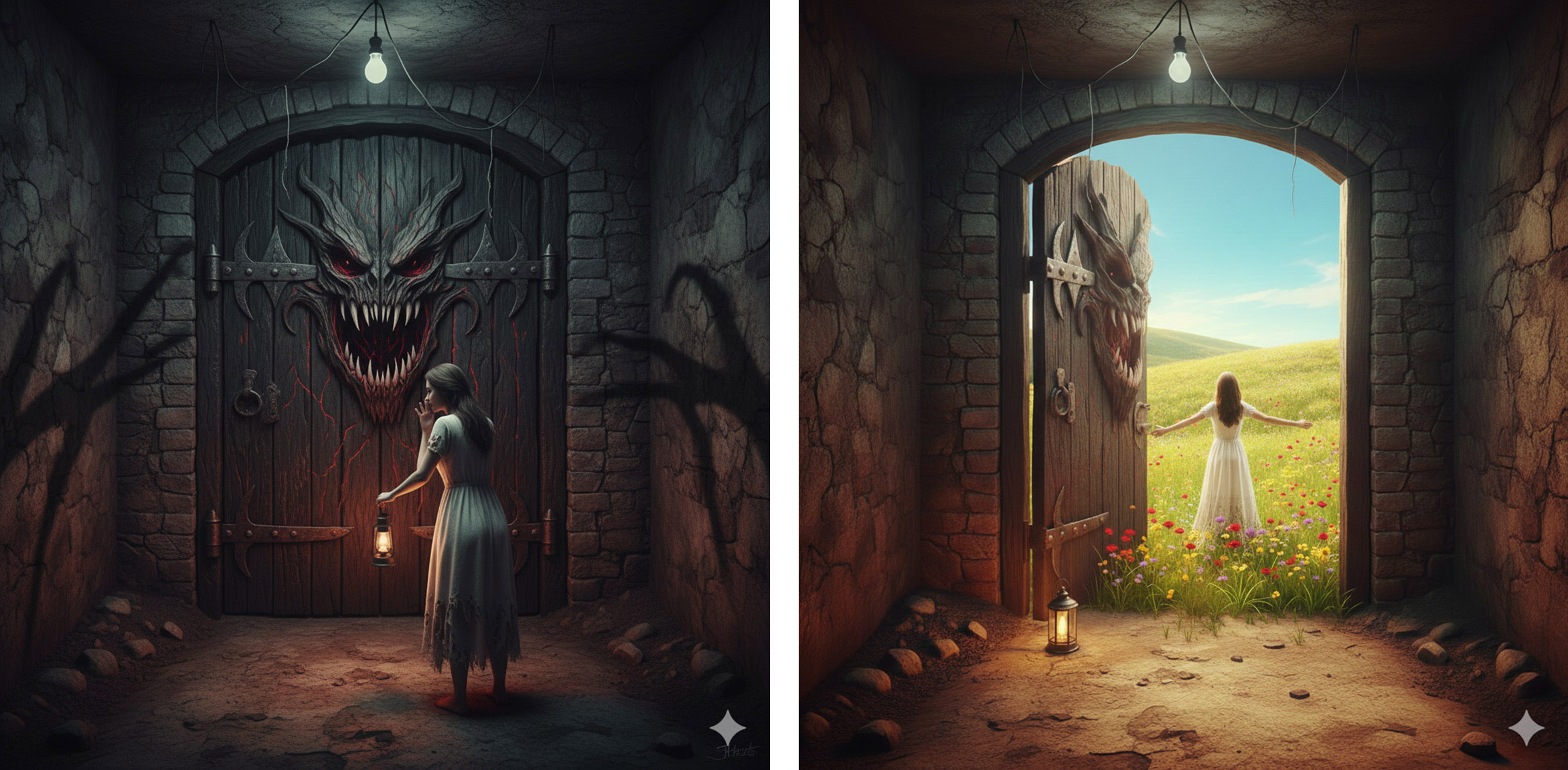 Links: Das Tor zur Hölle im eigenen Keller, das aus kindlicher Sicht viel zu gefährlich erscheint – auch mit Licht. Das Kind hat Angst und hängt in der Vergangenheit fest. Es weiß nicht, dass der Erwachsene, der wir inzwischen sind, ganz andere Lösungsmöglichkeiten und Strategien kennt. Visualisierung: KI (Nano Banana). Reichts: Bevor wir uns trauen, das Tor zu öffnen, gilt es achtsam das Innere zu verstehen und gut vorzubereiten – mit der passenden Unterstützung und Begleitung fällt dies leichter und irgendwann können wir den Keller hinter uns lassen und entdecken, dass draußen hinter dem Tor eine neue Freiheit auf uns wartet. Mit Verantwortung und mit Herausforderungen, aber auch mit dem Gefühl, unser Leben endlich selbst in die Hand nehmen zu können. Visualisierung: KI (Nano Banana)