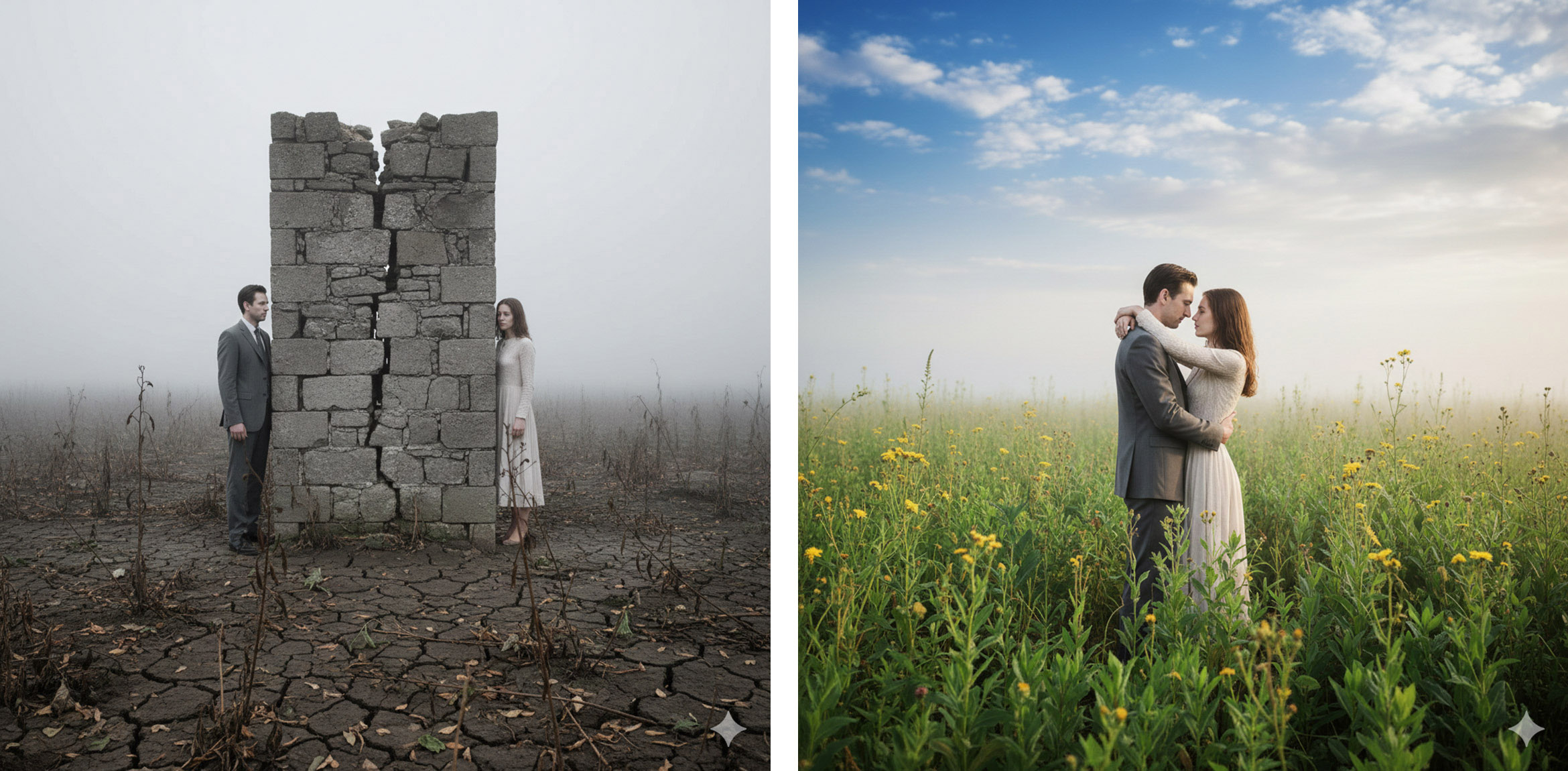 Left: Old patterns lead to misunderstandings between couples. Due to the stresses of everyday life, relationships often just merely function, with no time left to nurture the precious bond. Gradually, walls build up on both sides. This makes communication and seeing the other person clearly increasingly difficult. Difficult dynamics repeat themselves without any way out seeming possible. Visualisation: AI (Nano Banana). Right: If both are brave enough to break down their walls and approach each other again with trust, a new closeness will develop. However, this requires the realisation that it is not only the other person's wall that is disruptive and needs to be broken down. Both must recognise their responsibility for their own part in the recurring and painful dynamic – and work on it. Visualisation: AI (Nano Banana)