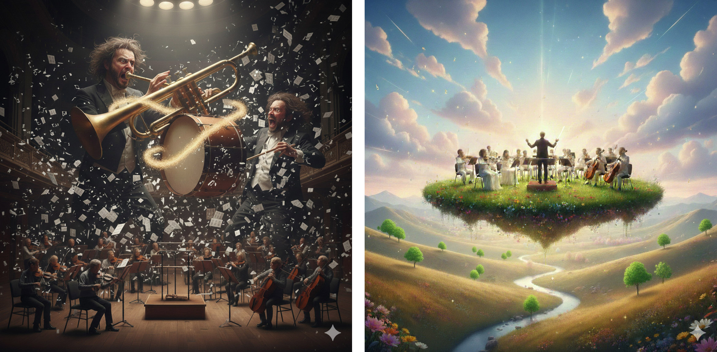 Left: The inner orchestra is plunged into chaos: there is no conductor to ensure clarity and order. As a result, some instruments are much too loud, while others cower and make themselves small. This leads to discord and tension both internally and externally. Visualisation: AI (Nano Banana). Right: And this is what it looks like when the orchestra is in harmony internally – and blends into a flourishing and benevolent landscape externally. The conductor shapes life, the musicians listen to him and to each other – every instrument and every musician has a good place, where they feel comfortable. Visualisation: AI (Nano Banana)