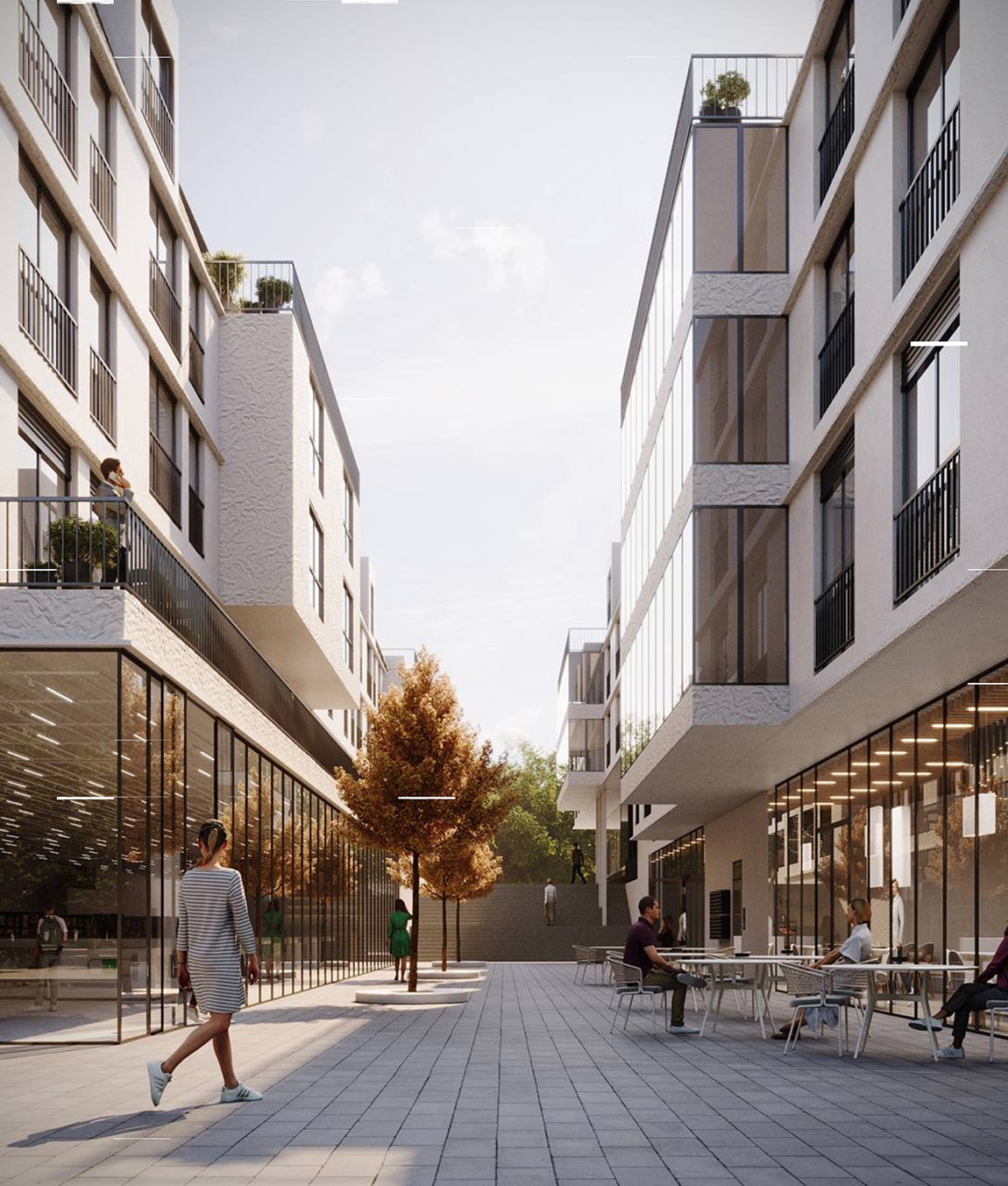 Zukünftiger klimafreundlicher Neubau in einer neu geschaffenen Fußgängerzone: Einzelhandel im Erdgeschoss und anteilig im 1. Obergeschoss, Wohnen darüber mit einer Tiefgarage unter dem gesamten Gebäude, geplant im Effizienzhaus KfW40NH-Standard als klimafreundlicher und nachhaltiger Neubau, anteilig in Holzbauweise. Visualisierung: © RhineRender GmbH. | Kraus Planungsgruppe GmbH: Zeitlos und zukunftsfähig