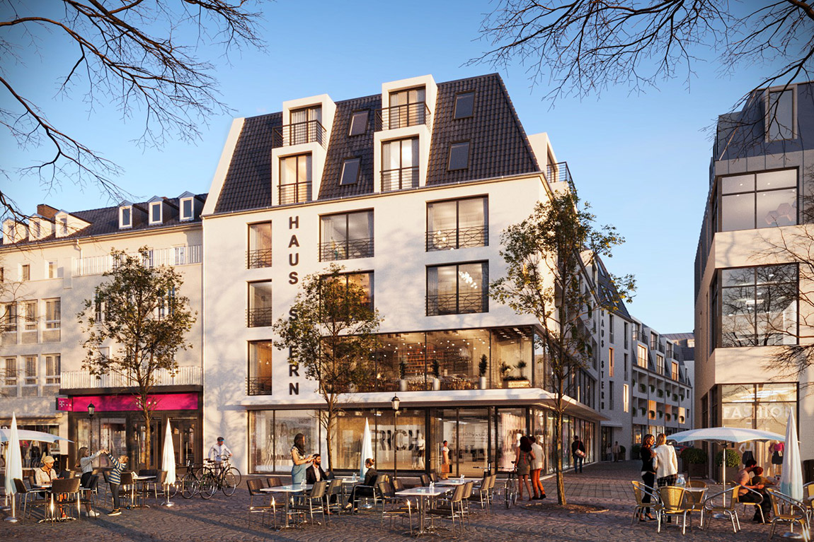 Neubau von zukünftigen Wohn- und Geschäftsräumen in zentraler Lage geplant im KfW-Effizienzhaus-55-Standard als barrierefreies Gebäude. Visualisierung: © RhineRender GmbH | Kraus Planungsgruppe GmbH: Zeitlos und zukunftsfähig