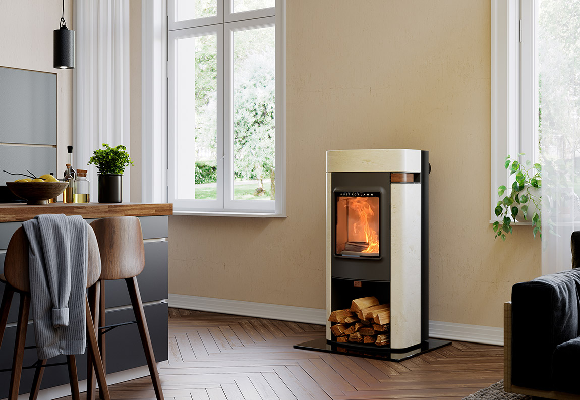 Elisabeth with velvet ivory natural stone. | Austroflamm: Stove design