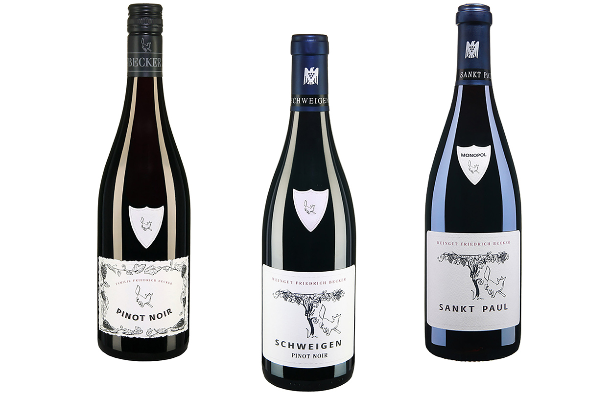 Left: Becker 2021 Becker Family Spätburgunder QbA dry red wine. Middle: Becker 2019 Schweigen Spätburgunder QbA dry red wine. Right: Becker 2018 St. Paul Spätburgunder Grand Cru dry red wine